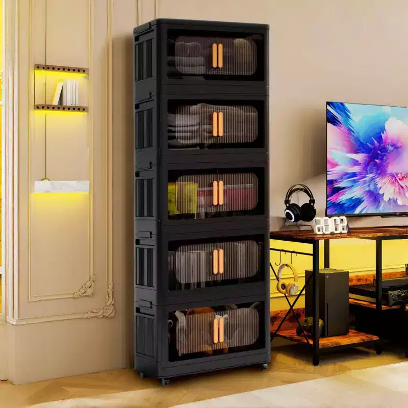24" Wide 5-Tier Plastic Folding Storage Cabinet with Magnetic Door and Wheels, Black