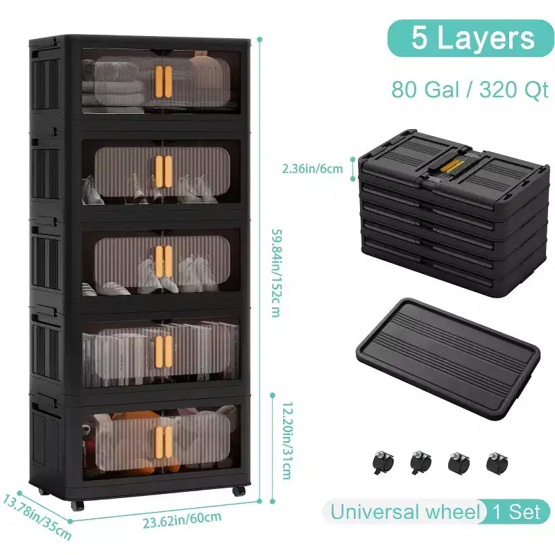 24" Wide 5-Tier Plastic Folding Storage Cabinet with Magnetic Door and Wheels, Black