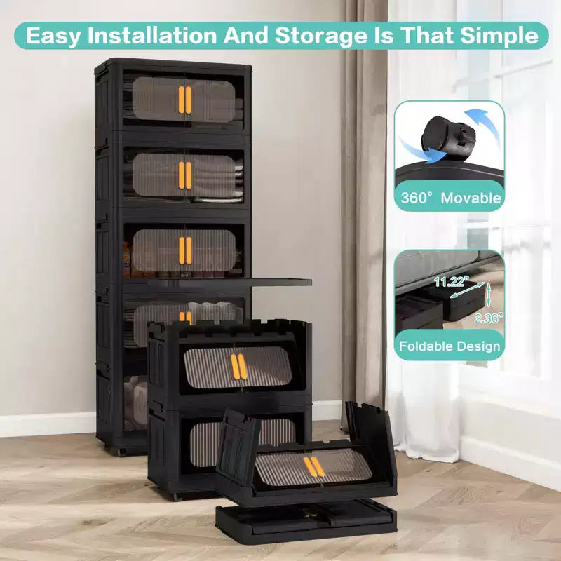 24" Wide 5-Tier Plastic Folding Storage Cabinet with Magnetic Door and Wheels, Black