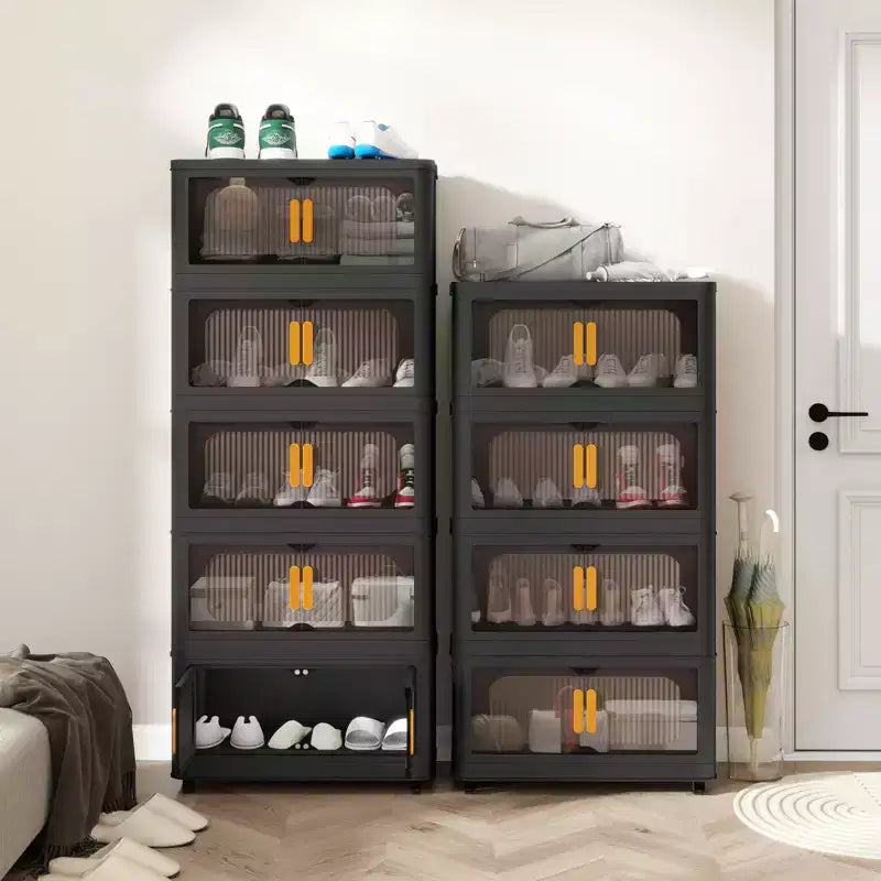 24" Wide 5-Tier Plastic Folding Storage Cabinet with Magnetic Door and Wheels, Black