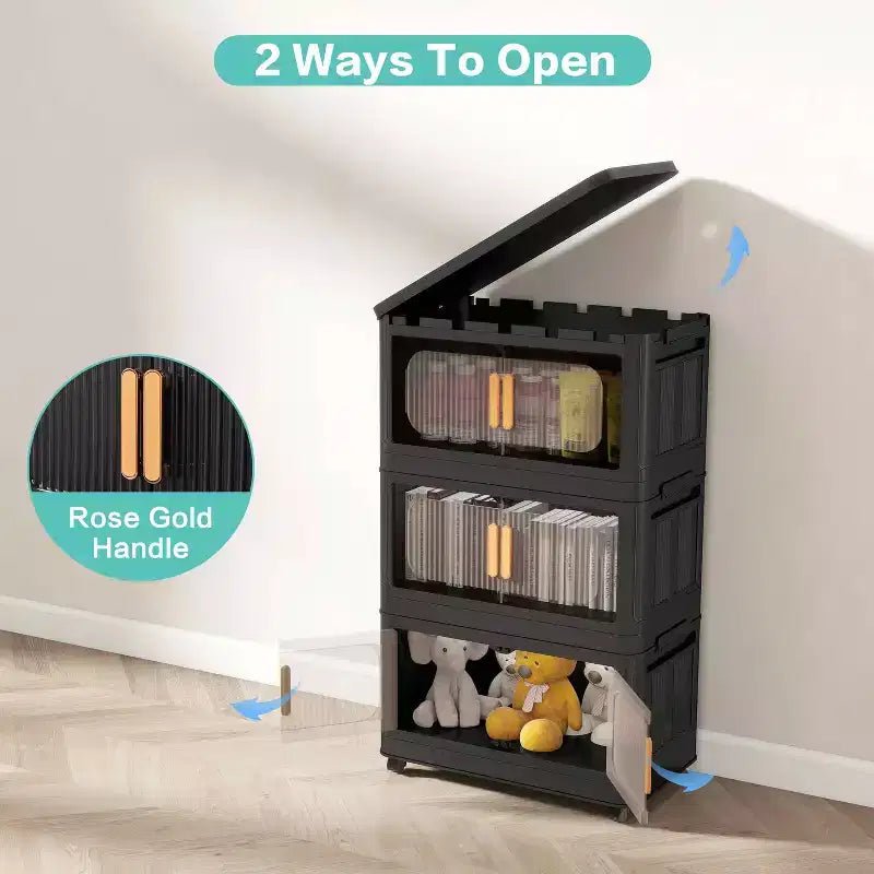 24" Wide 5-Tier Plastic Folding Storage Cabinet with Magnetic Door and Wheels, Black