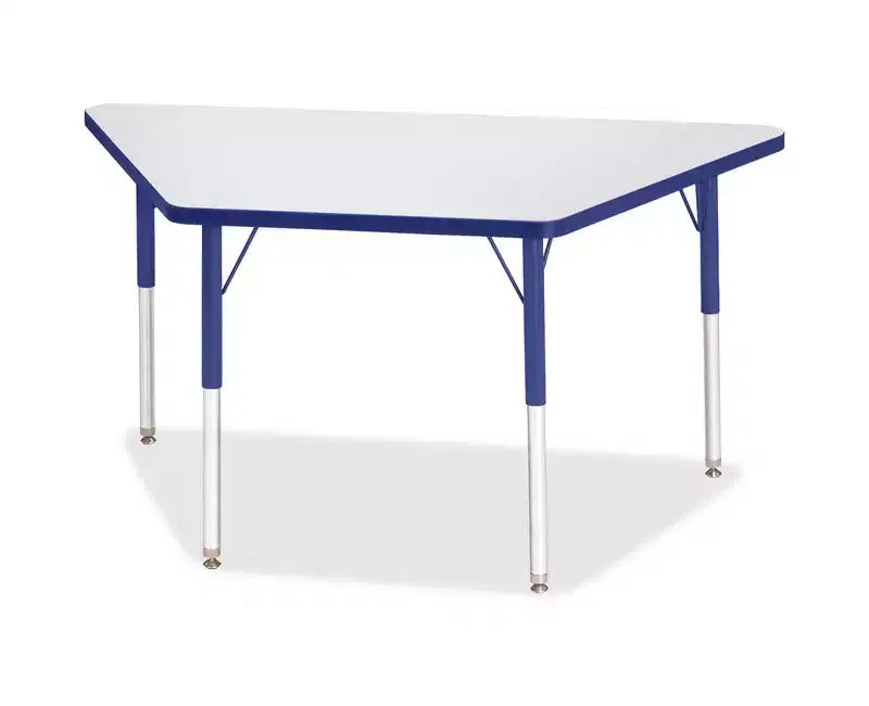 Adult-Size Trapezoid Activity Table, 24 x 48 in, Gray Laminate, Blue, Adjustable Steel Legs
