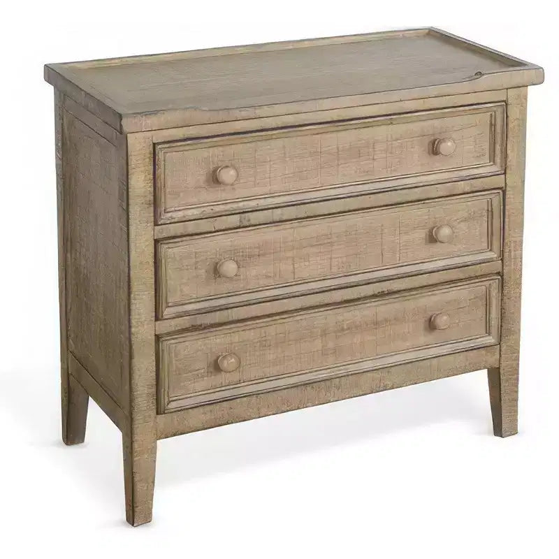 28" Side End Table with 3 Drawers and Round Knobs, Solid Mahogany Wood, Distressed Brown Finish