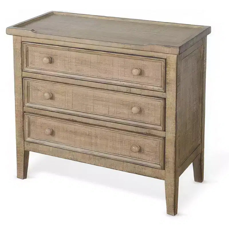 28" Side End Table with 3 Drawers and Round Knobs, Solid Mahogany Wood, Distressed Brown Finish