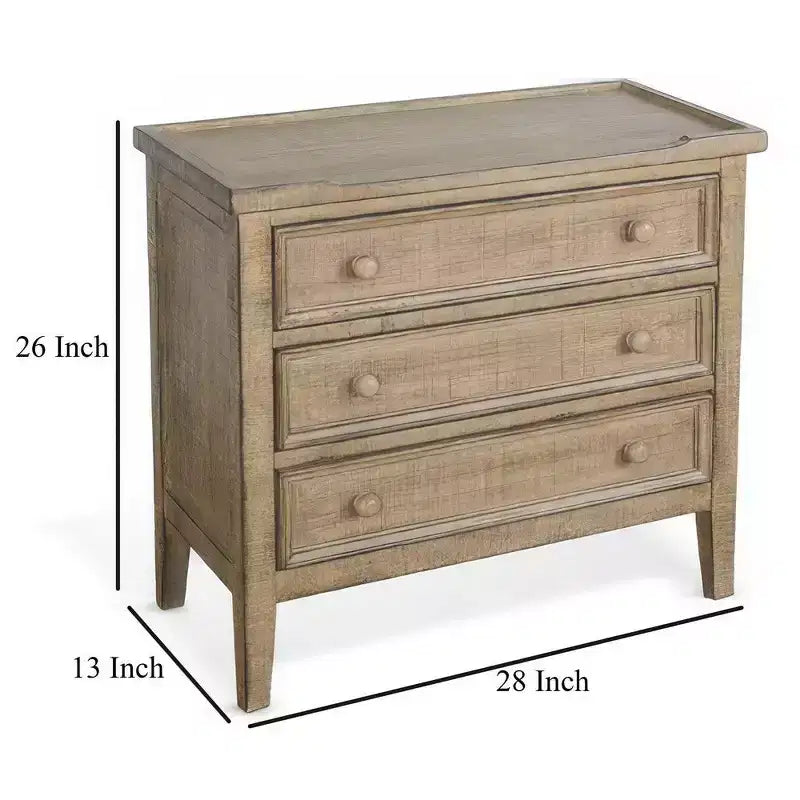 28" Side End Table with 3 Drawers and Round Knobs, Solid Mahogany Wood, Distressed Brown Finish