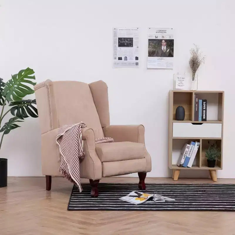 Cream Fabric Recliner Armchair, Wingback Design, Adjustable 135-Degree Recline, Wooden Legs