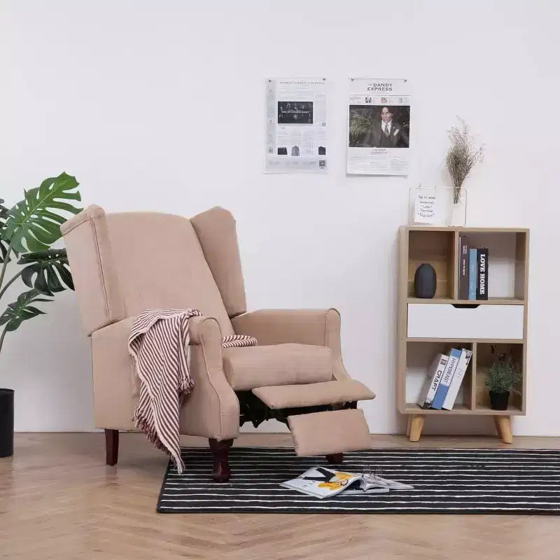 Cream Fabric Recliner Armchair, Wingback Design, Adjustable 135-Degree Recline, Wooden Legs