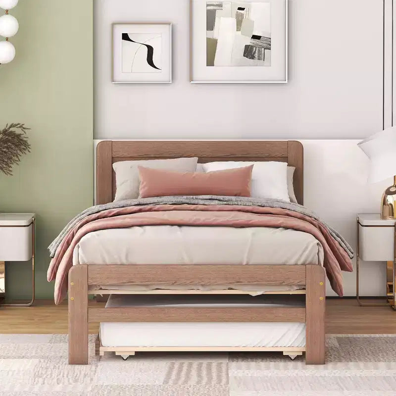 Twin Platform Bed Frame with Trundle and 2 Storage Drawers, Wooden, Noiseless, No Springs Required