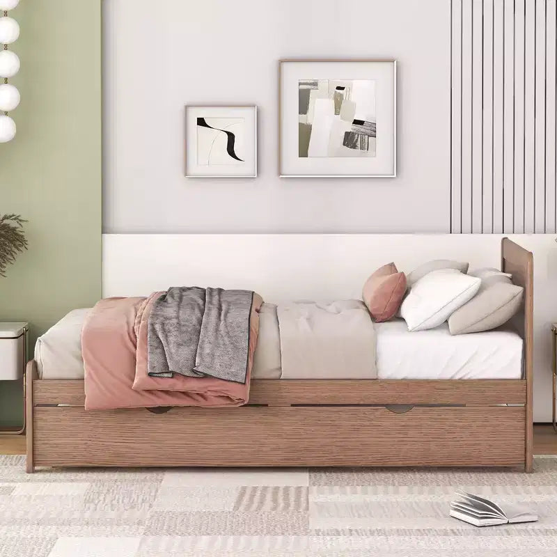 Twin Platform Bed Frame with Trundle and 2 Storage Drawers, Wooden, Noiseless, No Springs Required