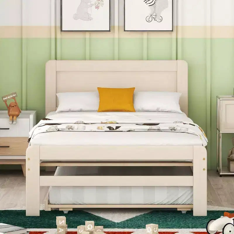 Twin Platform Bed Frame with Trundle and 2 Storage Drawers, Wooden, Noiseless, No Springs Required