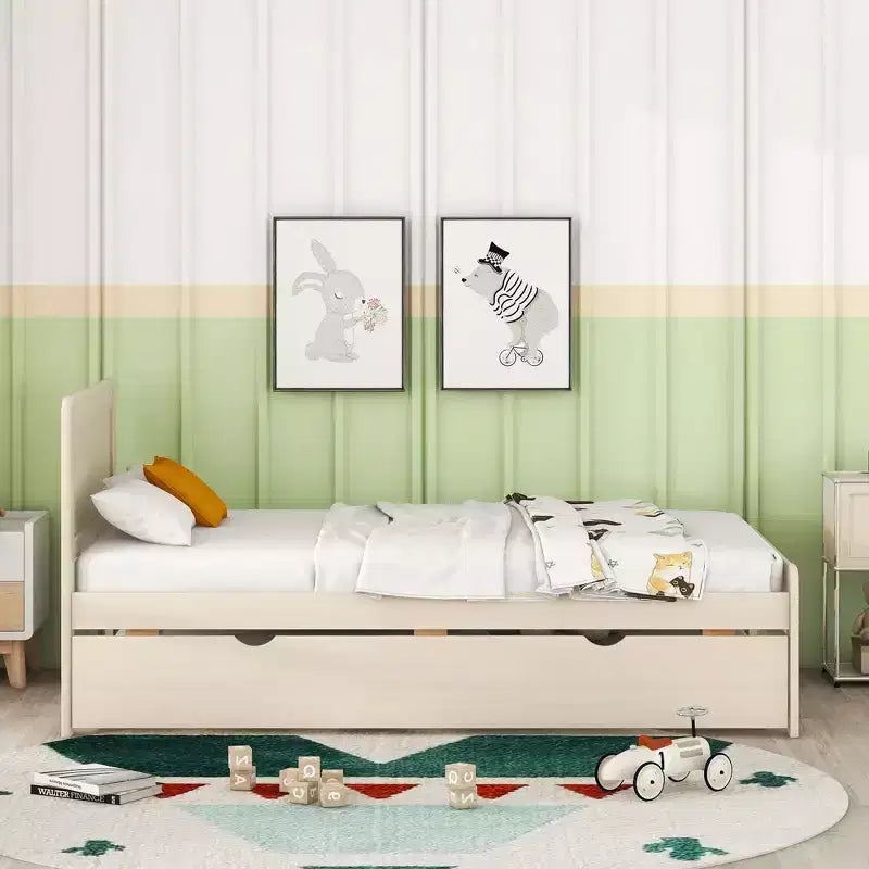 Twin Platform Bed Frame with Trundle and 2 Storage Drawers, Wooden, Noiseless, No Springs Required