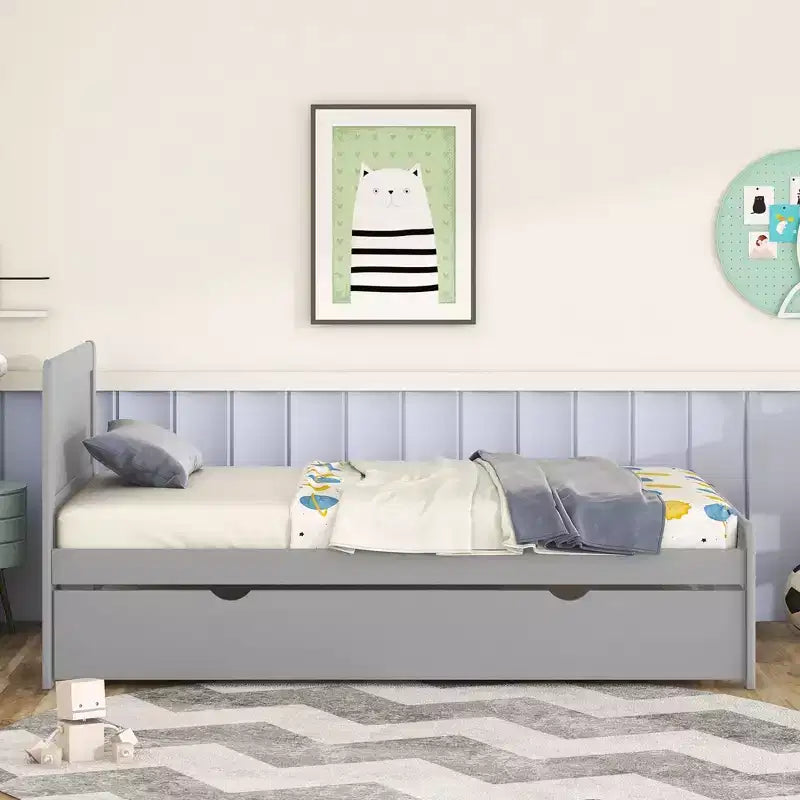 Twin Platform Bed Frame with Trundle and 2 Storage Drawers, Wooden, Noiseless, No Springs Required