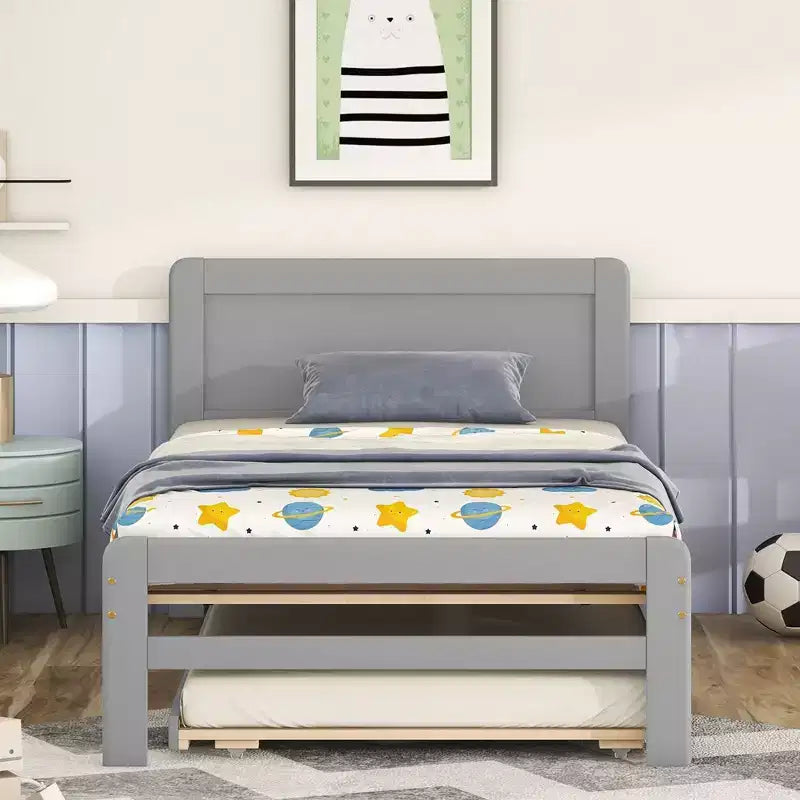 Twin Platform Bed Frame with Trundle and 2 Storage Drawers, Wooden, Noiseless, No Springs Required