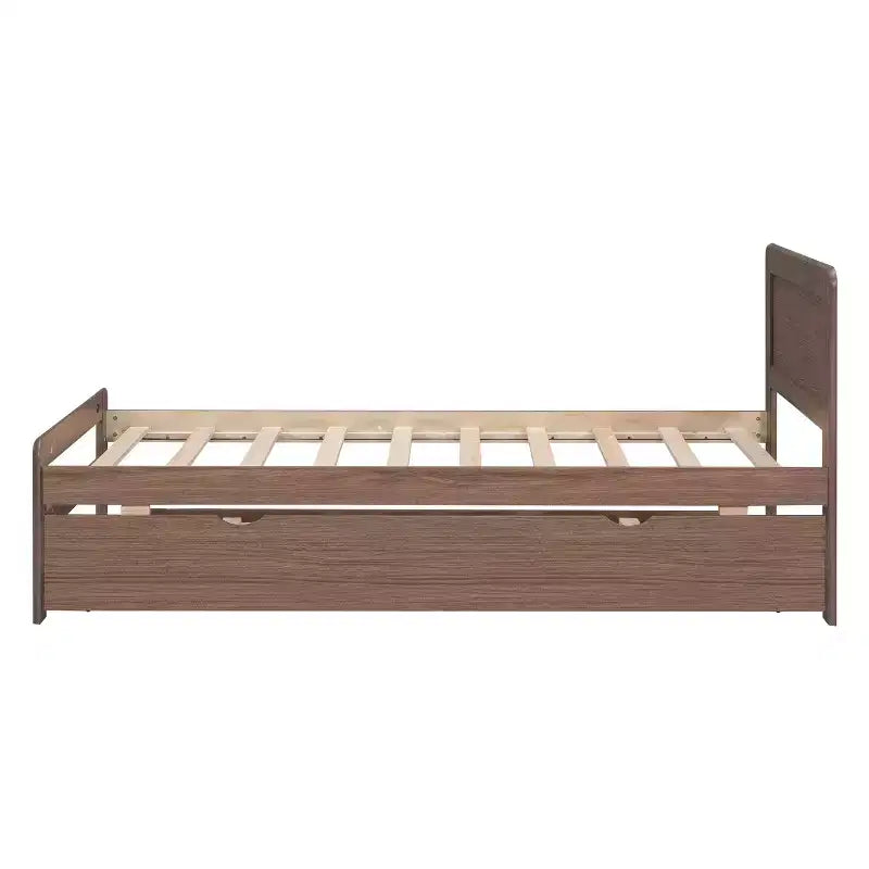 Twin Platform Bed Frame with Trundle and 2 Storage Drawers, Wooden, Noiseless, No Springs Required