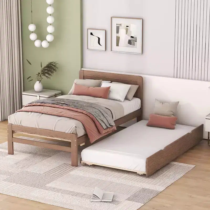 Twin Platform Bed Frame with Trundle and 2 Storage Drawers, Wooden, Noiseless, No Springs Required