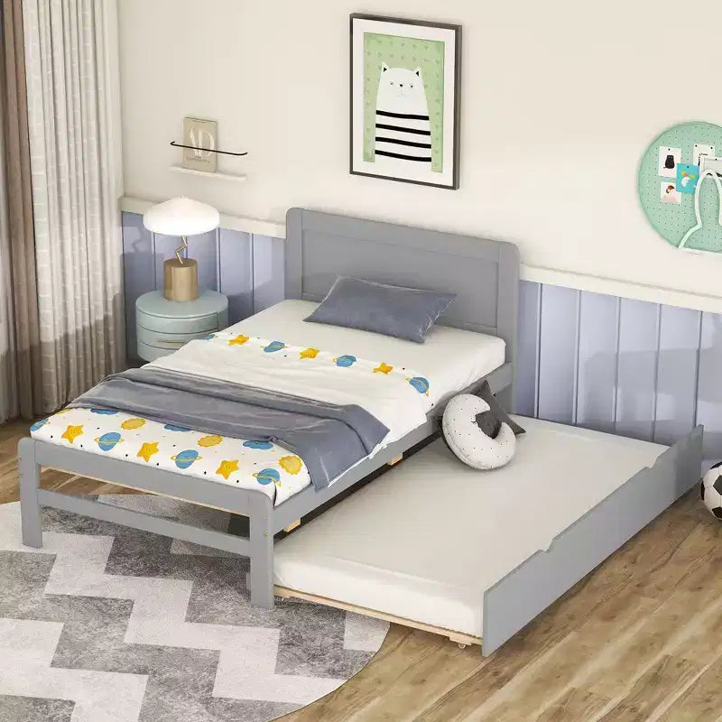 Twin Platform Bed Frame with Trundle and 2 Storage Drawers, Wooden, Noiseless, No Springs Required