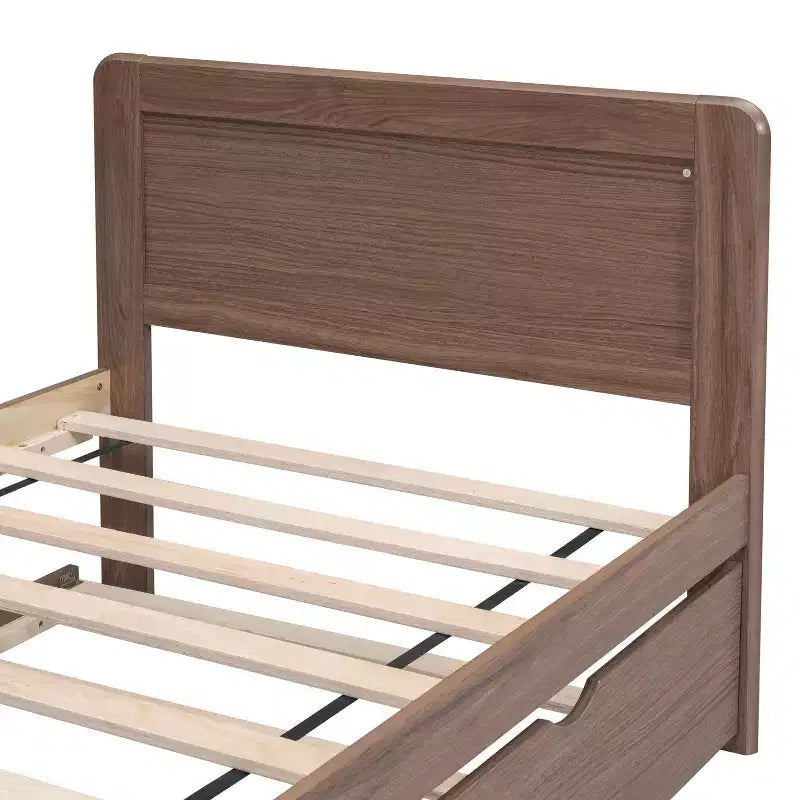 Twin Platform Bed Frame with Trundle and 2 Storage Drawers, Wooden, Noiseless, No Springs Required