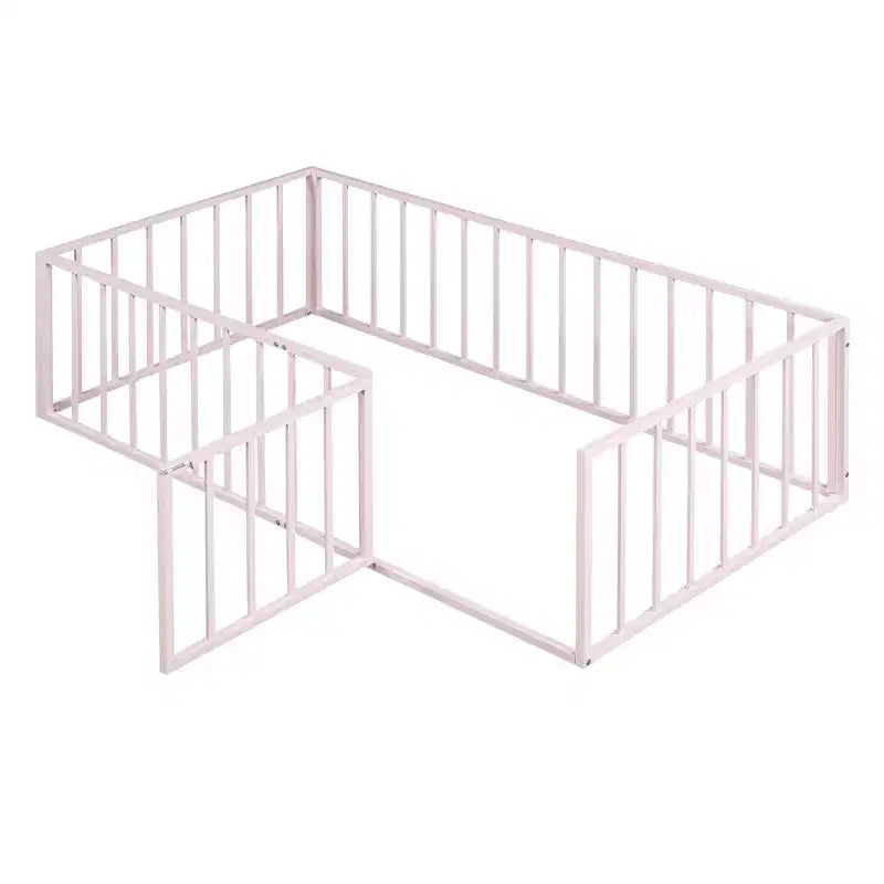 Metal Children's Floor Bed Frame with Safety Fence and Door, Easy to Assemble
