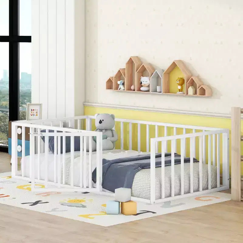 Metal Children's Floor Bed Frame with Safety Fence and Door, Easy to Assemble