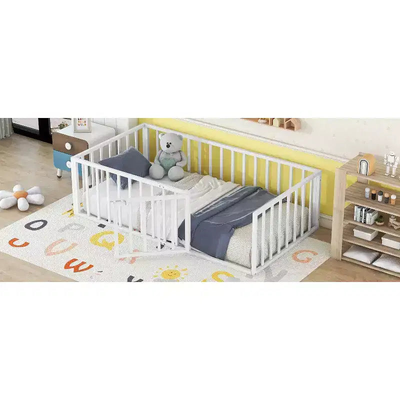 Metal Children's Floor Bed Frame with Safety Fence and Door, Easy to Assemble