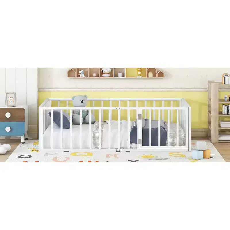 Metal Children's Floor Bed Frame with Safety Fence and Door, Easy to Assemble