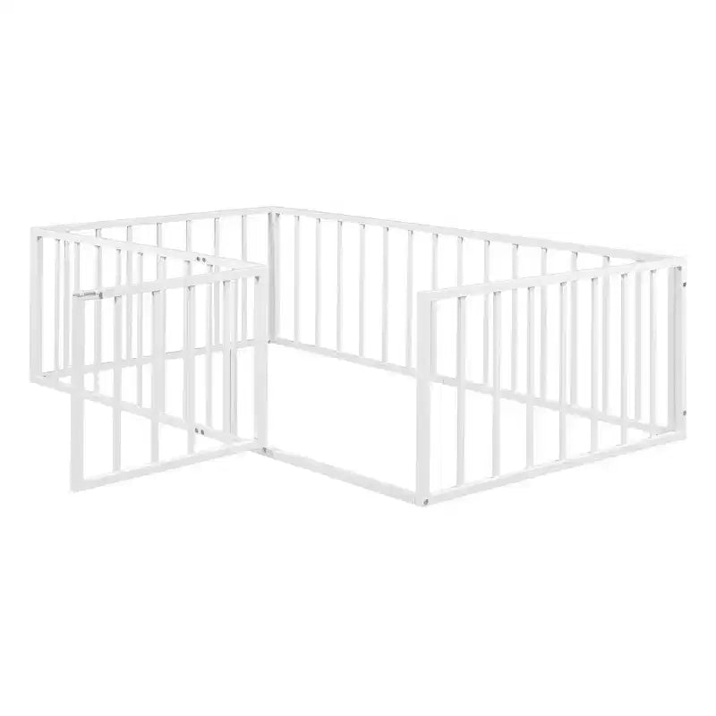 Metal Children's Floor Bed Frame with Safety Fence and Door, Easy to Assemble