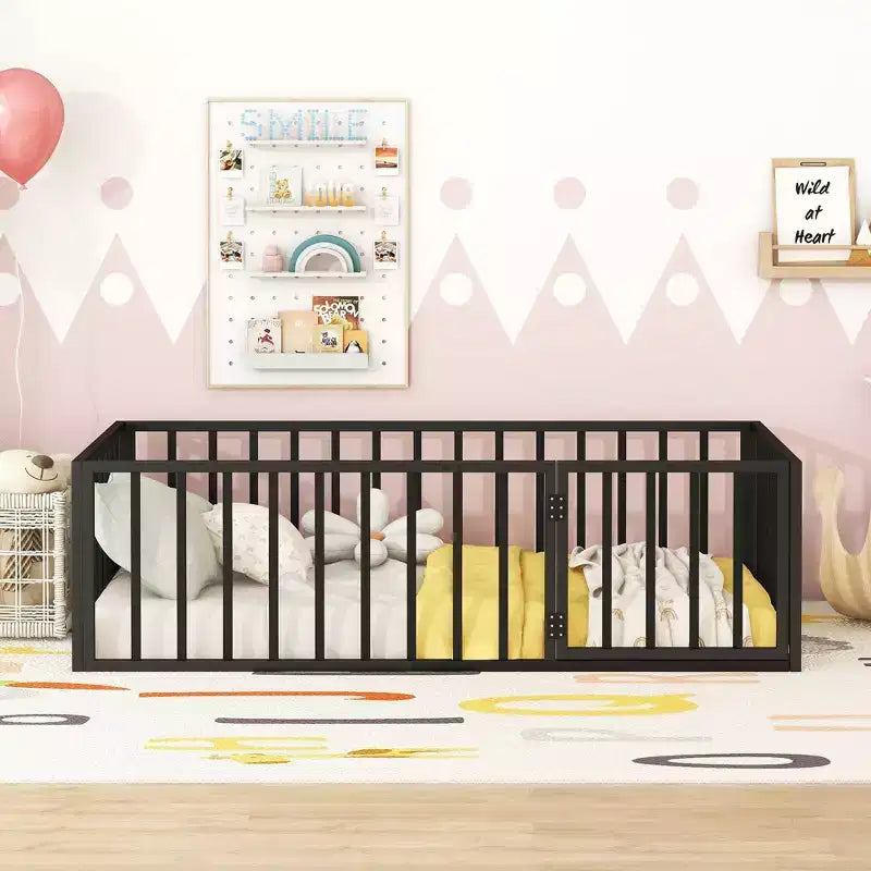 Metal Children's Floor Bed Frame with Safety Fence and Door, Easy to Assemble