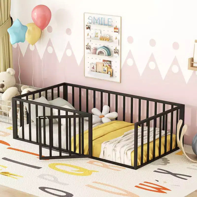 Metal Children's Floor Bed Frame with Safety Fence and Door, Easy to Assemble