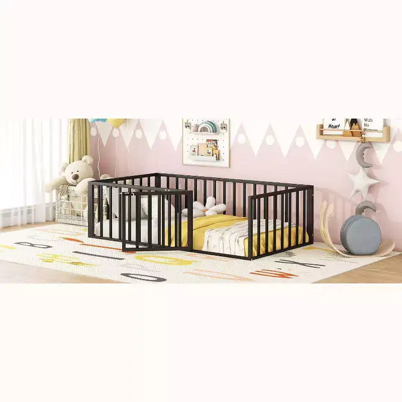Metal Children's Floor Bed Frame with Safety Fence and Door, Easy to Assemble