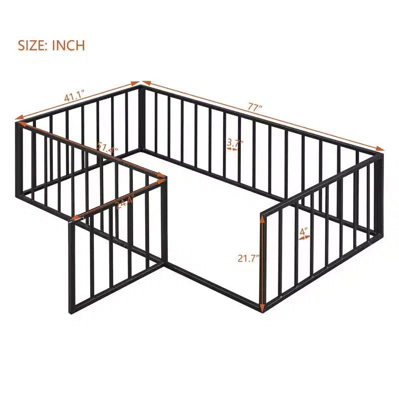 Metal Children's Floor Bed Frame with Safety Fence and Door, Easy to Assemble