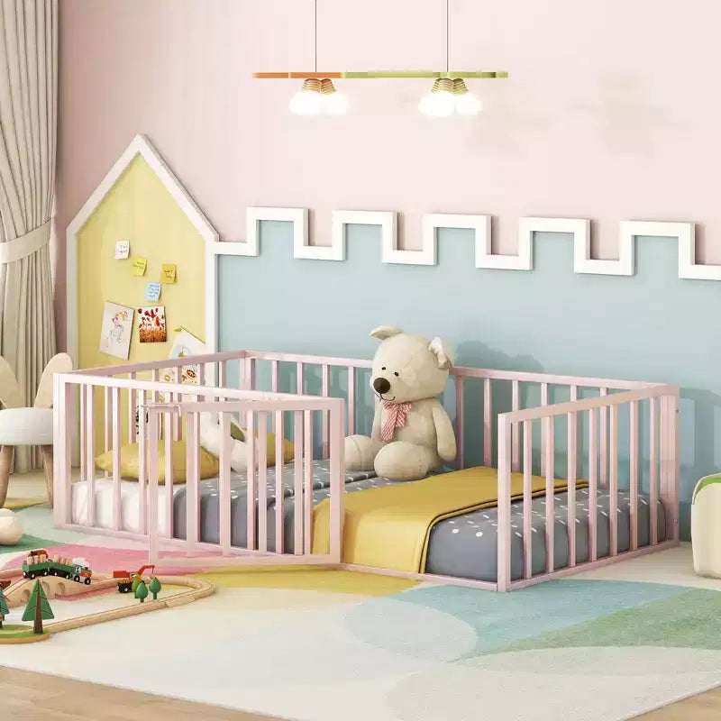Metal Children's Floor Bed Frame with Safety Fence and Door, Easy to Assemble