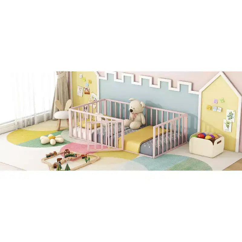 Metal Children's Floor Bed Frame with Safety Fence and Door, Easy to Assemble