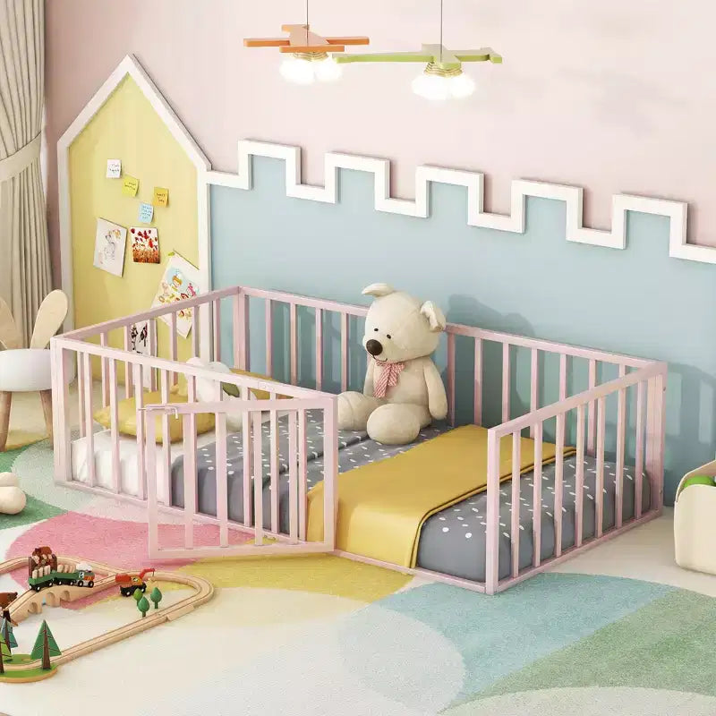 Metal Children's Floor Bed Frame with Safety Fence and Door, Easy to Assemble