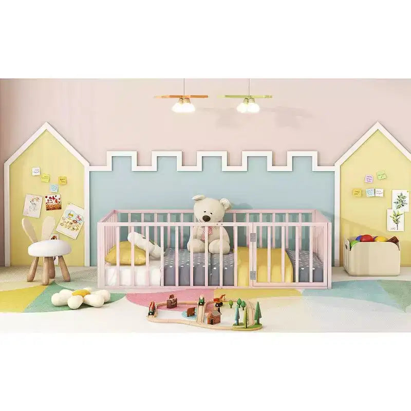 Metal Children's Floor Bed Frame with Safety Fence and Door, Easy to Assemble
