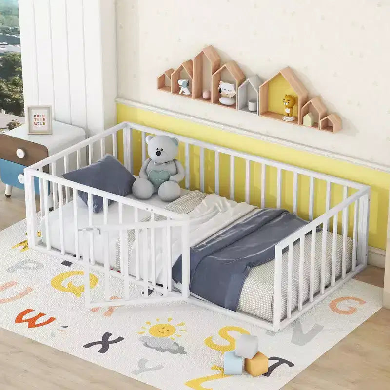 Metal Children's Floor Bed Frame with Safety Fence and Door, Easy to Assemble