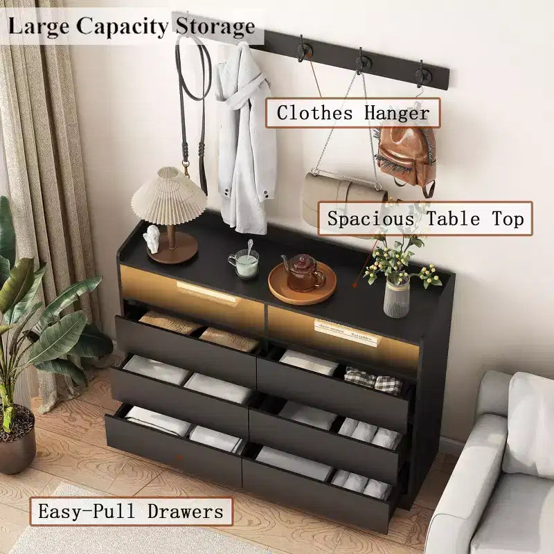 6-Drawer Bedroom Dresser with LED, Sturdy Frame, Storage Chest Cabinet