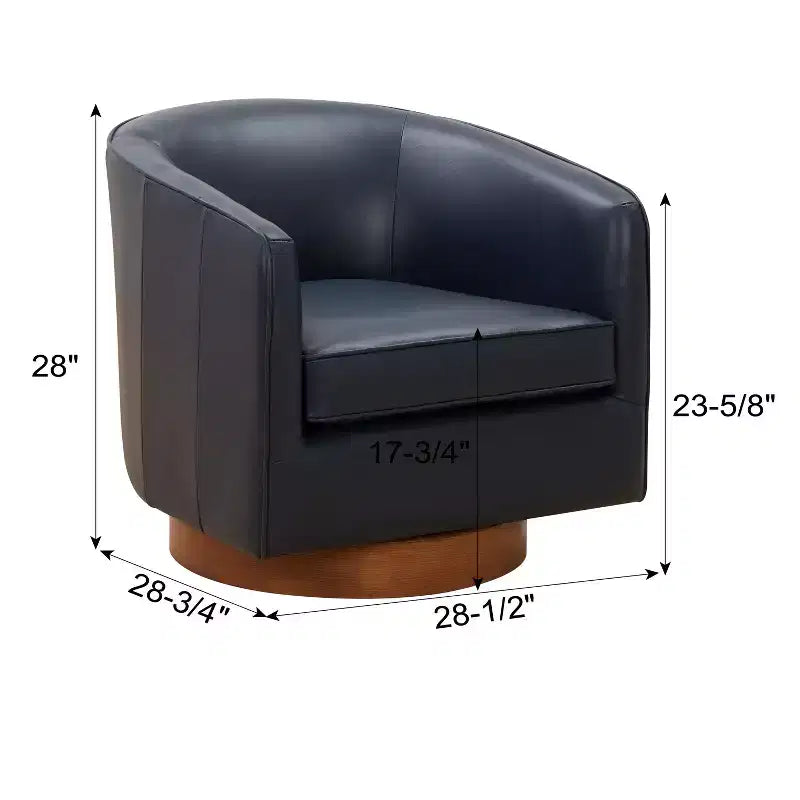 Top Grain Leather 360 Swivel Barrel Accent Chair with Soft Cushion and Wood Base