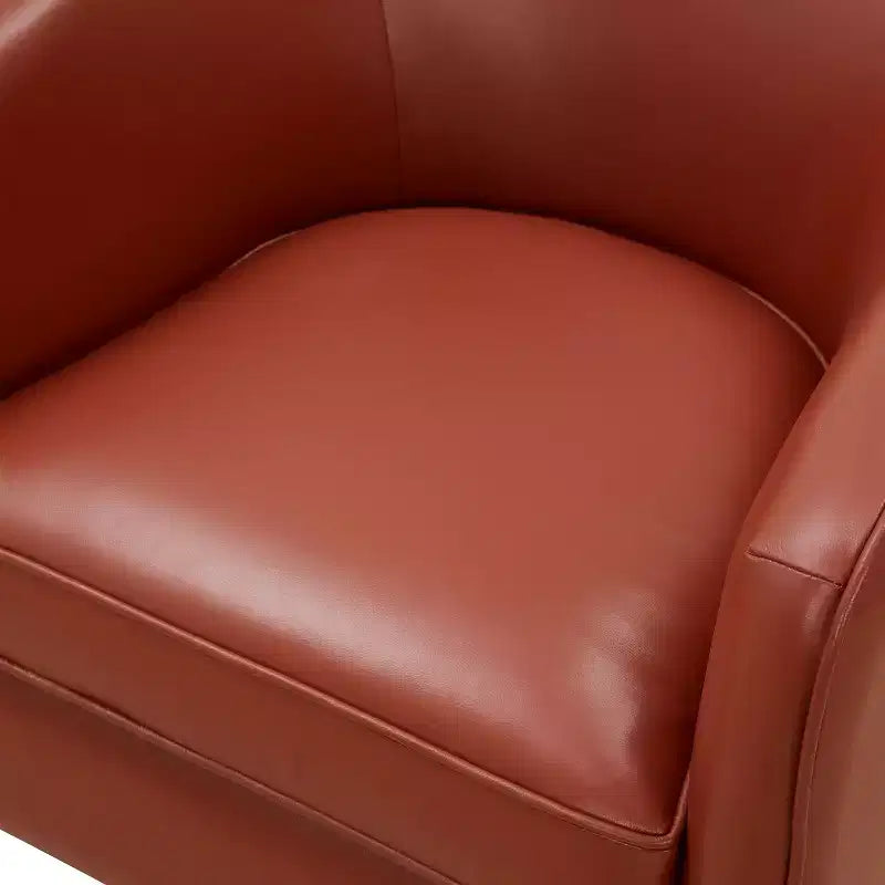 Top Grain Leather 360 Swivel Barrel Accent Chair with Soft Cushion and Wood Base