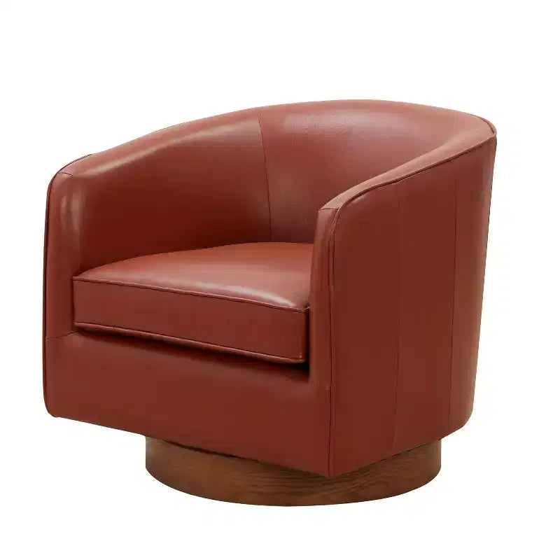 Top Grain Leather 360 Swivel Barrel Accent Chair with Soft Cushion and Wood Base