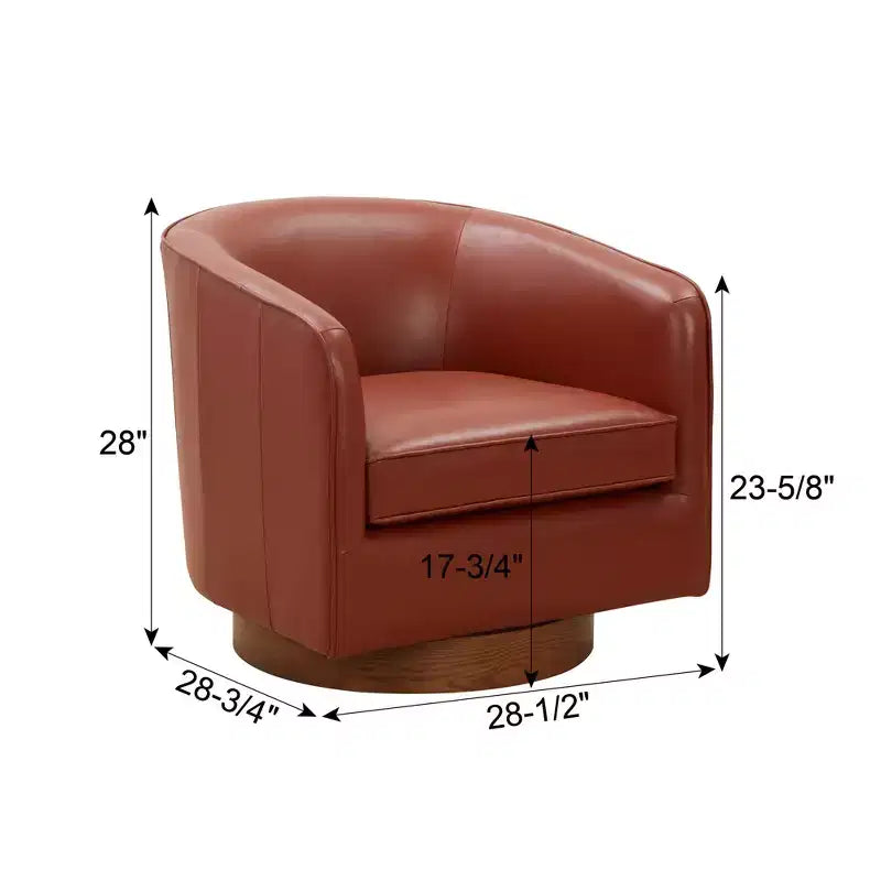 Top Grain Leather 360 Swivel Barrel Accent Chair with Soft Cushion and Wood Base