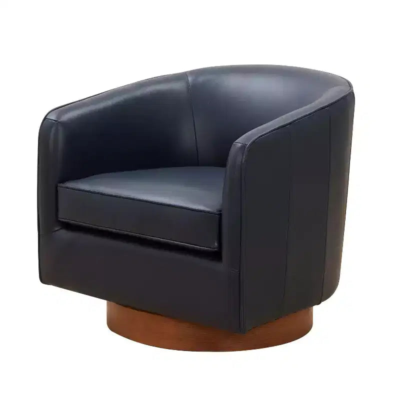 Top Grain Leather 360 Swivel Barrel Accent Chair with Soft Cushion and Wood Base