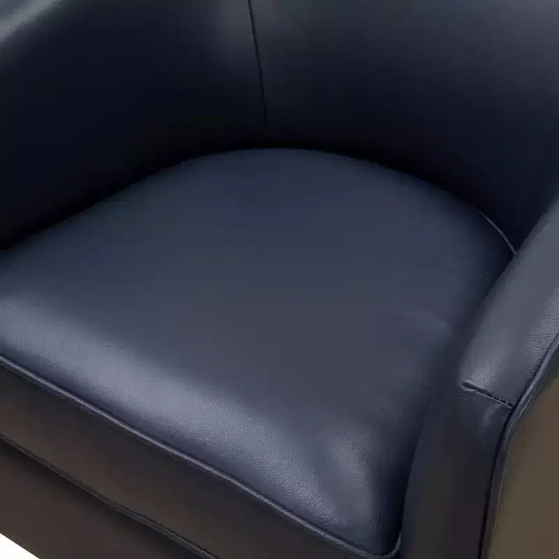 Top Grain Leather 360 Swivel Barrel Accent Chair with Soft Cushion and Wood Base