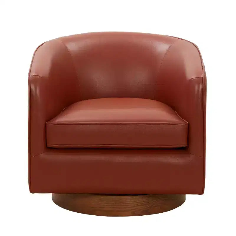 Top Grain Leather 360 Swivel Barrel Accent Chair with Soft Cushion and Wood Base