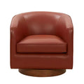 Top Grain Leather 360 Swivel Barrel Accent Chair with Soft Cushion and Wood Base