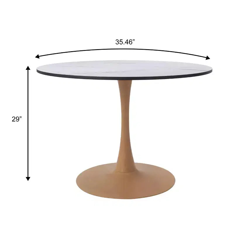 35" Modern Round Dining Table, Durable MDF Top, Wood-Transfer Natural Steel Base