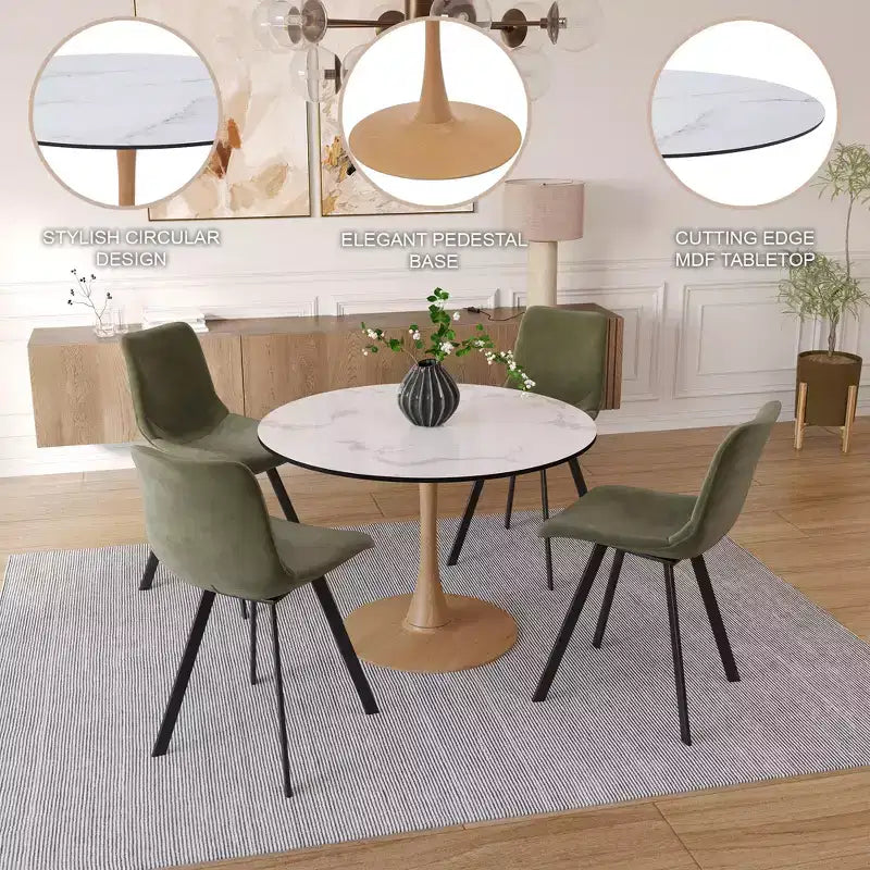 35" Modern Round Dining Table, Durable MDF Top, Wood-Transfer Natural Steel Base