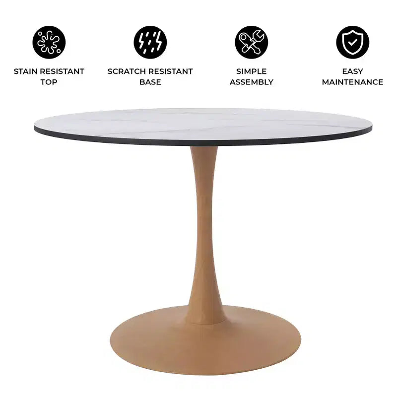 35" Modern Round Dining Table, Durable MDF Top, Wood-Transfer Natural Steel Base
