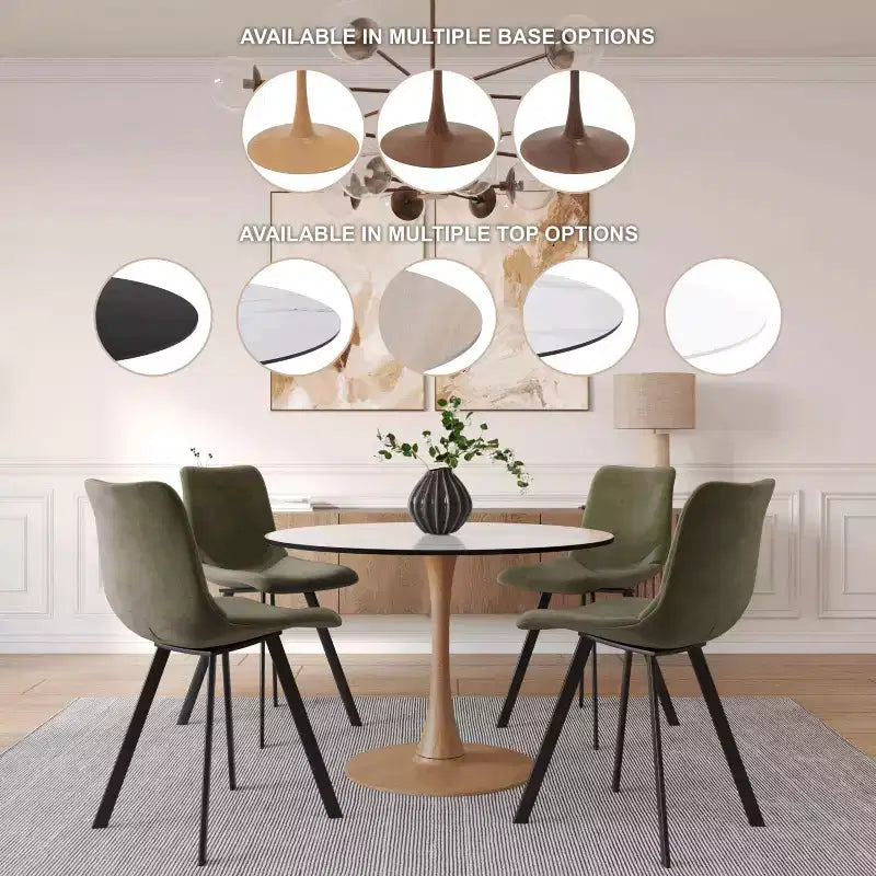 35" Modern Round Dining Table, Durable MDF Top, Wood-Transfer Natural Steel Base