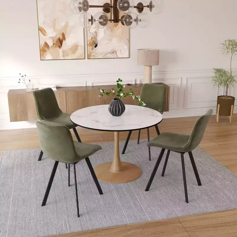 35" Modern Round Dining Table, Durable MDF Top, Wood-Transfer Natural Steel Base