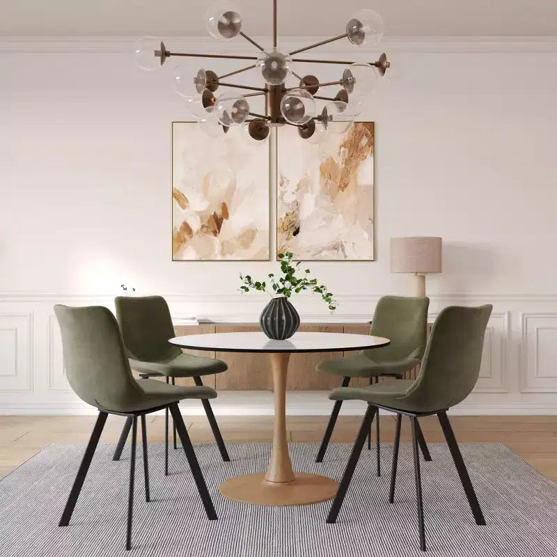 35" Modern Round Dining Table, Durable MDF Top, Wood-Transfer Natural Steel Base